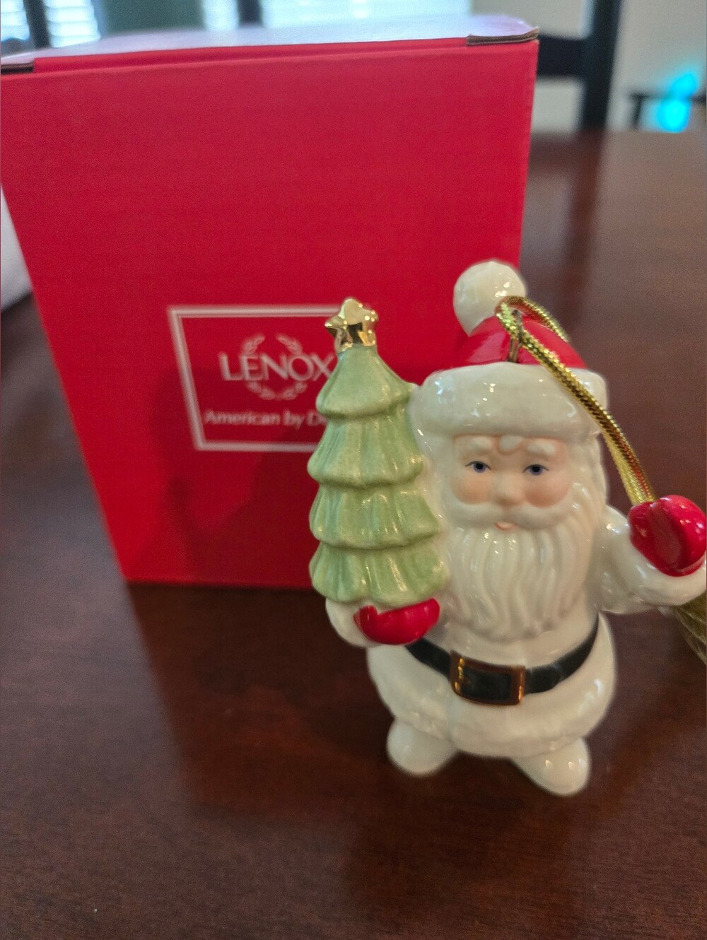 Lenox White Santa Ornament with Red Accents and Green Tree